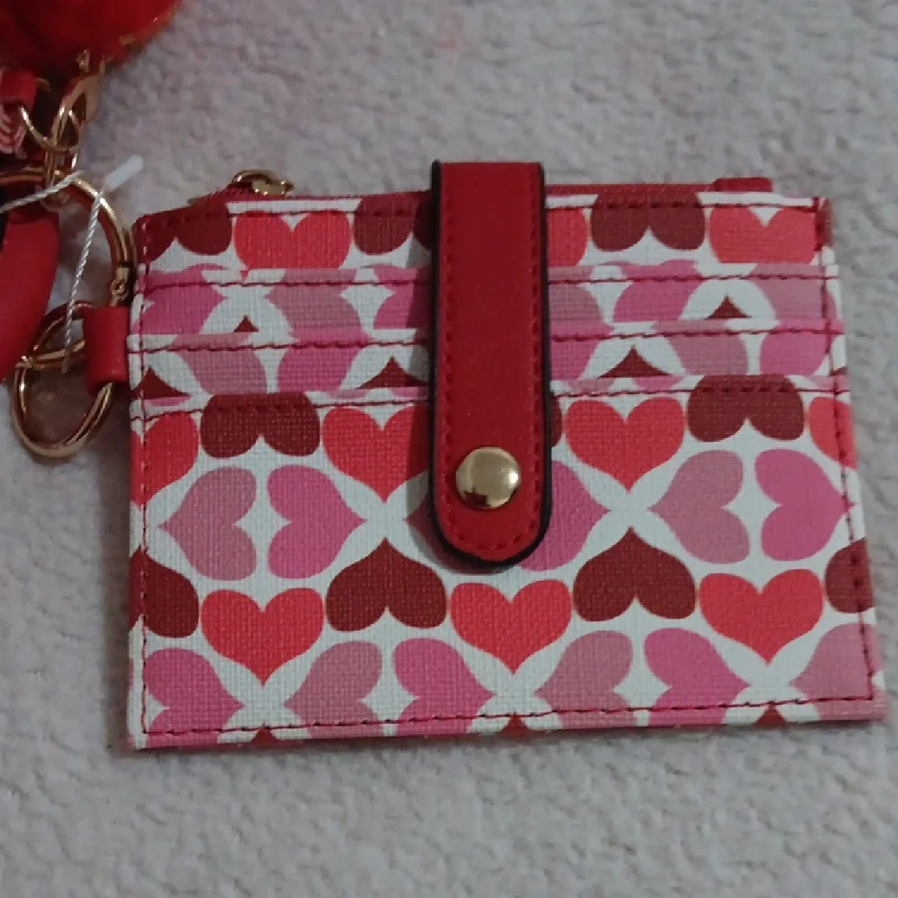 Red Pom Pom Keychain Bracelet with Card Holder